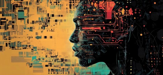 Poster - Futuristic portrait of a human face with digital circuitry and abstract patterns, showcasing the fusion of technology and humanity, copy space for text