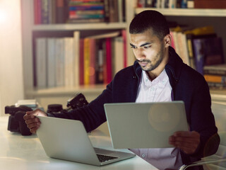 Aufkleber - Laptop, businessman and photographer with tablet in home, editing and retouch pictures with freelancer. Night, remote work and content creator with digital for creative software or enhance multimedia