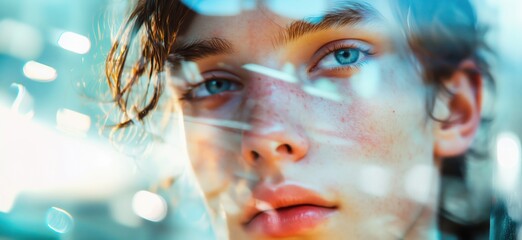 Poster - Close-up portrait of young man with striking blue eyes, soft freckles, and tousled hair, surrounded by abstract reflections and light patterns, copy space for text