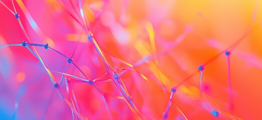 Poster - Abstract colorful network structure with vibrant hues of pink, orange, and blue, showcasing intricate connections and depth, copy space for text