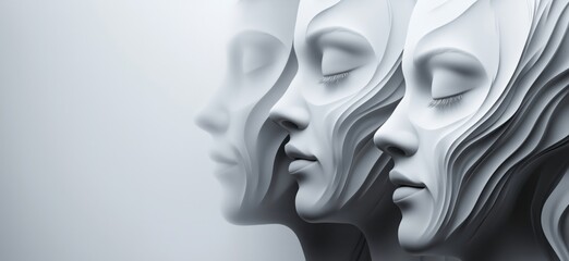 Poster - Abstract representation of three serene female faces with flowing contours and smooth textures, showcasing artistic elegance and modern design, copy space for text