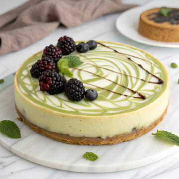 Coconut cheesecake with Japanese maccha tea, white background