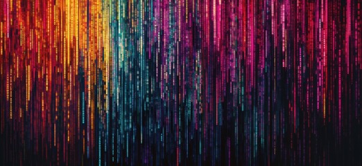 Poster - Colorful vertical lines representing digital data flow, vibrant hues of orange, blue, pink, and teal creating a mesmerizing abstract pattern, copy space for text