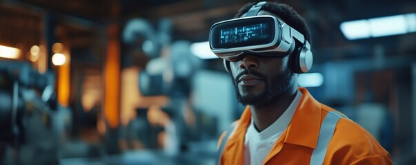 Poster - Virtual Reality Experience in Industrial Setting with Worker Wearing VR Headset, Focused on Advanced Technology and Safety, copy space for text