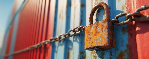 Poster - Rusty padlock securing chain on colorful shipping container, vibrant red and blue metal surface, weathered texture, industrial security, copy space for text