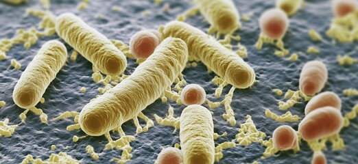 Poster - Bacterial Microorganisms Under Microscope, Detailed View of Rod-Shaped and Spherical Bacteria, Scientific Illustration, copy space for text