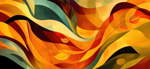 Poster - Vibrant Abstract Waves in Warm Colors with Leaf Accents, Fluid Motion and Dynamic Patterns, copy space for text