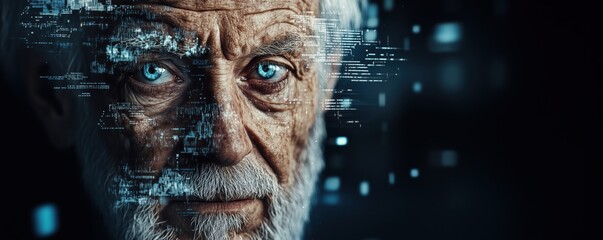  - Elderly man with piercing blue eyes surrounded by digital data streams, showcasing the intersection of humanity and technology, copy space for text