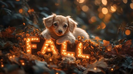 Poster - Cozy fall ambiance glowing letters FALL orange green hues covered with wildflowers and leaves A happy fawn dachshund kitten lies peacefully on the letters magical autumn colors and soft sparkles