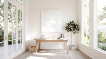 Wall Mural - Bright home office, desk, mockup poster, sunlit room, plants