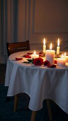 Poster - An intimate candlelit table for two, decorated with roses and heart accents, exuding a cozy, romantic atmosphere.