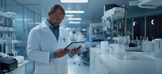Poster - Laboratory scientist using tablet in modern research facility, focused on data analysis and experimentation, copy space for text