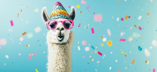 Wall Mural - Llama wearing colorful party hat and pink sunglasses celebrating with confetti in vibrant background, copy space for text