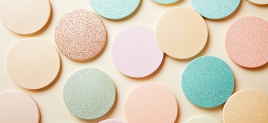 Poster - Colorful circular textured coasters in pastel shades, featuring glittery and matte finishes, arranged aesthetically on a light background, copy space for text