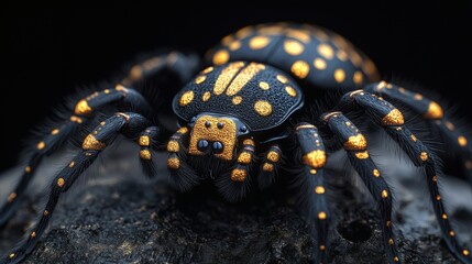 Poster - Hyperrealistic 3D image of a majestic black spider with golden relief contours The beetle's body contrasts beautifully with the black background drawing attention to its detailed craftsmanship