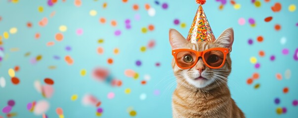 Wall Mural - Celebratory Cat Wearing Party Hat and Sunglasses Surrounded by Colorful Confetti, copy space for text