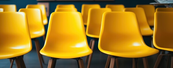 Poster - Vibrant yellow chairs arranged in modern setting, showcasing contemporary design and inviting atmosphere, copy space for text
