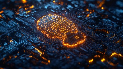 Aufkleber - A mesmerizing network of glowing circuits takes form, showcasing an intricate design resembling a brain. The blend of orange and blue lights captivates against a dark background