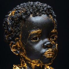 Poster - Detailed 3D model of a black boy featuring all body contours in vibrant gold sculpted in relief displayed against a deep black background to enhance the contrast and detail
