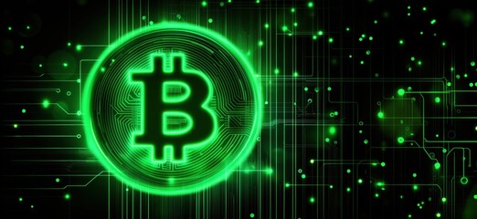 Poster - Bitcoin symbol glowing in green against a dark digital circuit background, representing cryptocurrency technology and blockchain innovation, copy space for text