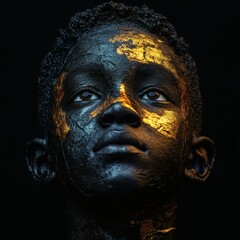 Poster - Detailed 3D model of a black boy featuring all body contours in vibrant gold sculpted in relief displayed against a deep black background to enhance the contrast and detail