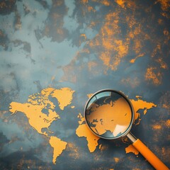 Poster - World Map with Magnifying Glass Highlighting Regions, Detailed Exploration of Geography and Cartography, copy space for text