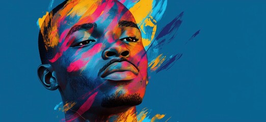 Poster - Vibrant Portrait of Young Man with Colorful Abstract Brush Strokes, Expressive Art Style, Blue Background, copy space for text