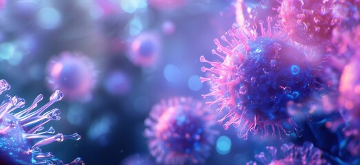 Poster - Vibrant microscopic view of viruses showcasing intricate structures and colorful details, highlighting the complexity of viral life forms, copy space for text