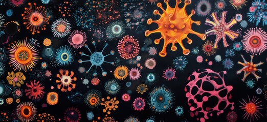 Poster - Colorful Microorganisms and Viruses in Abstract Art Style, Vibrant Patterns and Shapes Representing Bacteria, Cells, and Pathogens, copy space for text