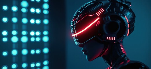 Poster - Futuristic humanoid robot with glowing visor and intricate design, showcasing advanced technology and cybernetic features, copy space for text