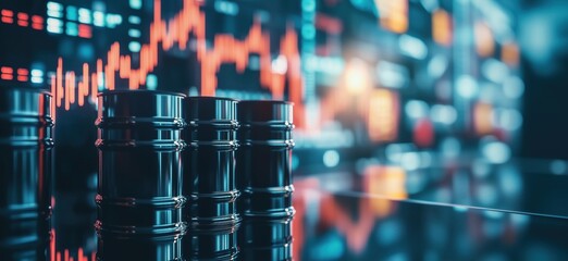 Poster - Oil barrels reflecting stock market trends with digital graphs and data analysis in the background, symbolizing energy market fluctuations, copy space for text