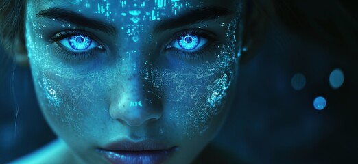 Fototapete - Futuristic portrait of young woman with glowing blue eyes and digital facial patterns, showcasing cybernetic aesthetics and ethereal beauty, copy space for text