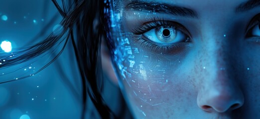 Poster - Futuristic cybernetic woman with glowing blue eye and digital circuitry on skin, showcasing advanced technology and beauty, copy space for text