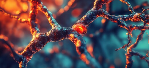 Poster - Neural Network Visualization, Intricate Neuron Structures, Glowing Synapses, Abstract Biological Art, Colorful Neural Pathways, copy space for text