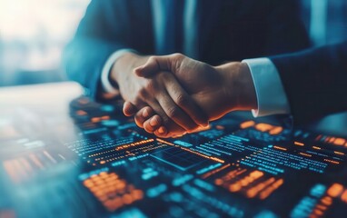 Poster - A professional handshake over a digital interface, symbolizing partnership and collaboration in a tech-driven business environment.