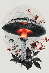 Poster - Collage features a glowing mushroom with intricate gills amidst geometric shapes and flowers