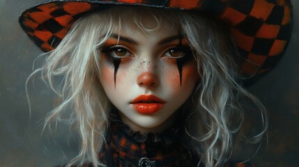 Fototapete - Digital art piece of a girl clown her long curly white hair beneath a tilted checkered hat with black face paint and bright orange lips The dark grey background heightens the eerie mood