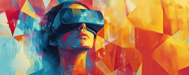 Poster - Virtual Reality Experience with Colorful Abstract Background Featuring Woman in VR Headset, copy space for text