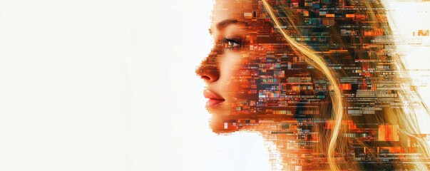 Poster - Digital Portrait of Woman with Abstract Data Overlay, Blending Technology and Human Features, Symbolizing AI and Digital Transformation, copy space for text