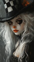 Poster - Digital portrait of mysterious girl clown long curly white hair wearing a tilted blackandwhite checkered top hat Her black face paint contrasts with orange lipstick set against a dark grey background