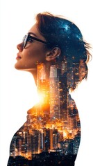 Poster - graceful profile of woman with cityscape and starry sky in artistic double exposure illustration