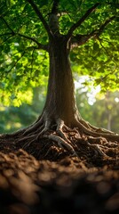 Poster - A grand tree stands tall as its intricate roots intertwine with the earth, illuminated by gentle sunlight filtering through lush foliage. This serene forest moment captures nature's beauty