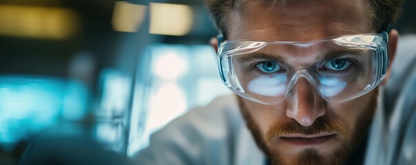 Poster - Focused scientist in laboratory wearing protective goggles, examining samples with intense concentration, showcasing dedication to research and innovation, copy space for text