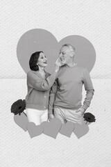 Poster - Vertical collage photo poster postcard of elderly cute sweet couple grandfather grandmother enjoy romance isolated on painted background