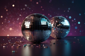 Wall Mural - decorative disco balls with silver confetti on iridescent background generative ai