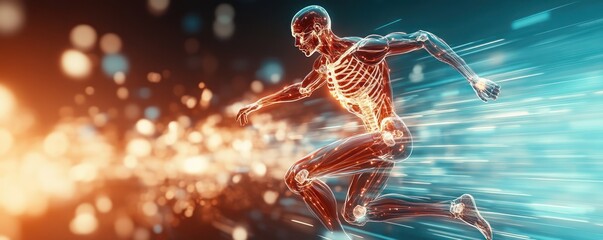 Poster - Dynamic Human Anatomy in Motion with Glowing Skeleton and Energetic Background Visualizing Speed and Vitality