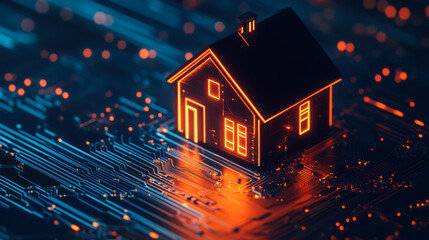 Poster - Digital representation of a glowing house on a circuit board at night showcasing technology and innovation