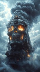 Poster - Haunting image of a locomotive train designed as a sinister skull with intricate gears and pistons emitting dark smoke against a stormy sky filled with ominous clouds