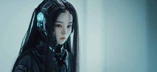 Poster - Futuristic humanoid robot with long black hair and cybernetic enhancements, showcasing advanced technology and sleek design, copy space for text