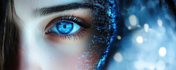 Poster - Digital Eye with Blue Iris and Futuristic Elements, Close-Up of Human Face Merging with Technology, Glowing Effects and Data Patterns, copy space for text